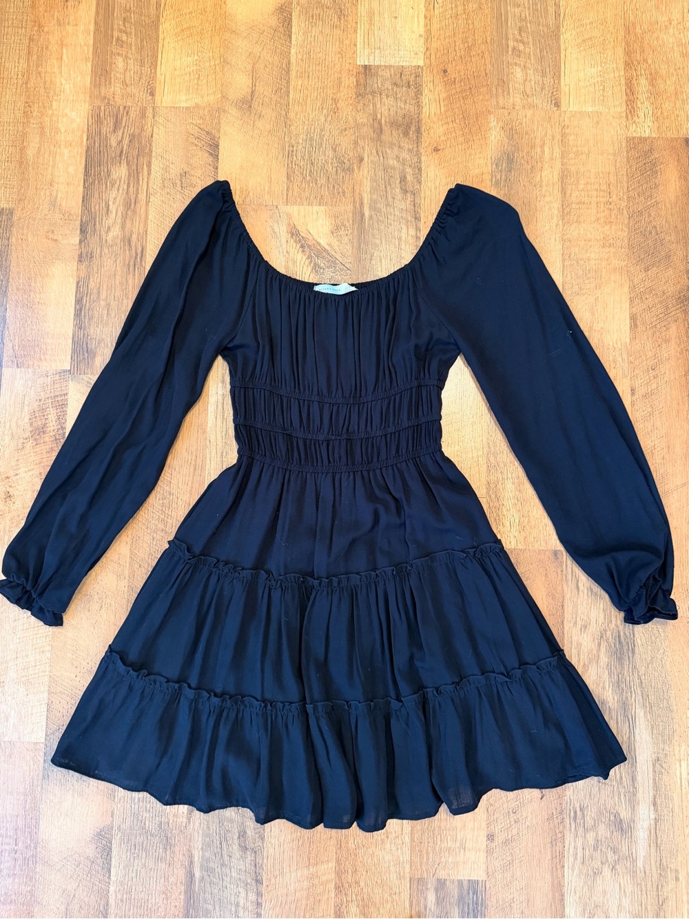 Altar'd State Black Long-Sleeve Tiered Smocked Dress